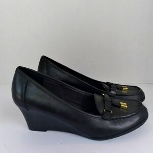 Lauren Ralph Lauren Black Leather Wedge Loafer Heel Pumps Shoes Size 8‎